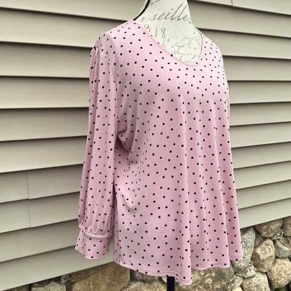 ADRIANNA PAPELL Blush Black Polka Dot V-Neck 3/4 Puff Sleeve Top - Picture 2 of 13